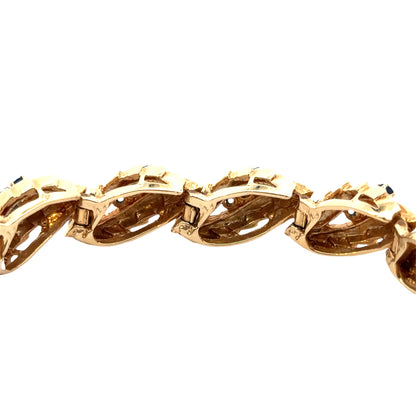 Mid-Century Textured Leaf Bracelet, 14K Gold & Sapphires
