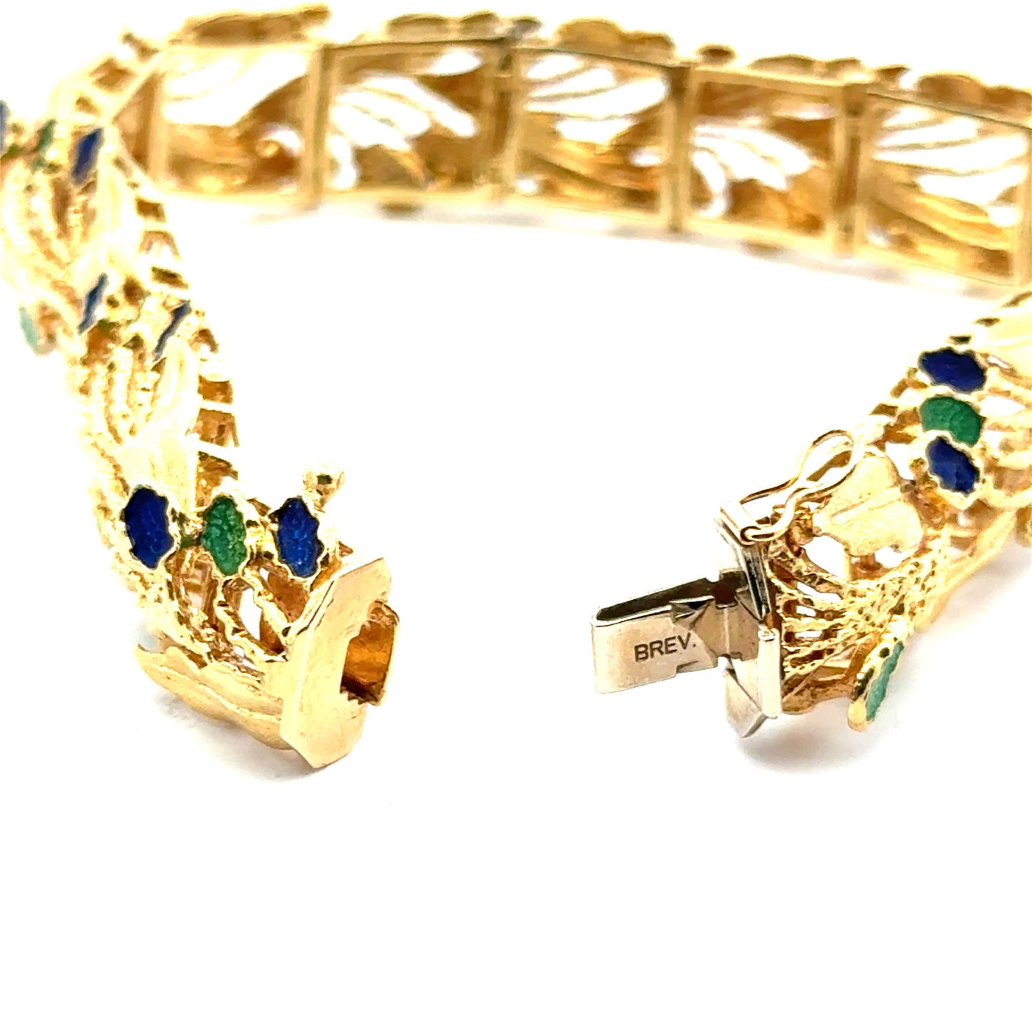 1950s 18K Yellow Gold Blue & Green Enamel Floral Bracelet