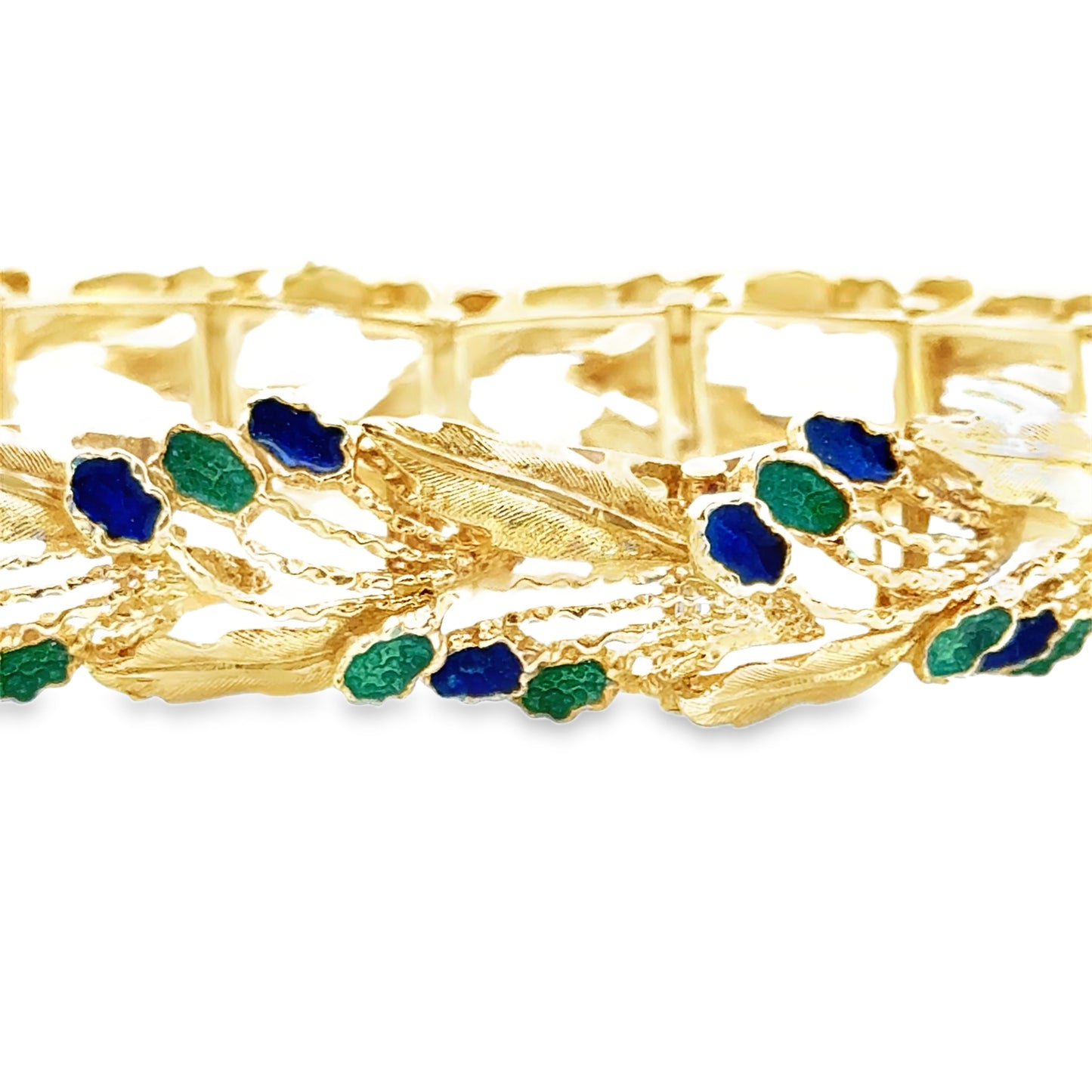 1950s 18K Yellow Gold Blue & Green Enamel Floral Bracelet