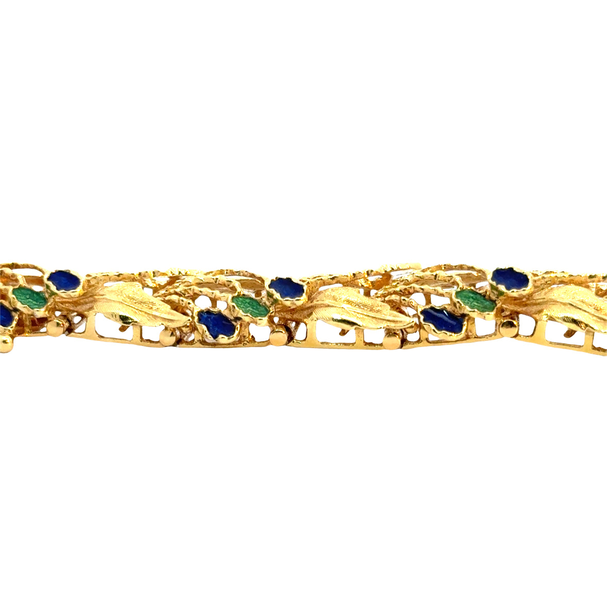 1950s 18K Yellow Gold Blue & Green Enamel Floral Bracelet