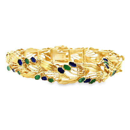 1950s 18K Yellow Gold Blue & Green Enamel Floral Bracelet