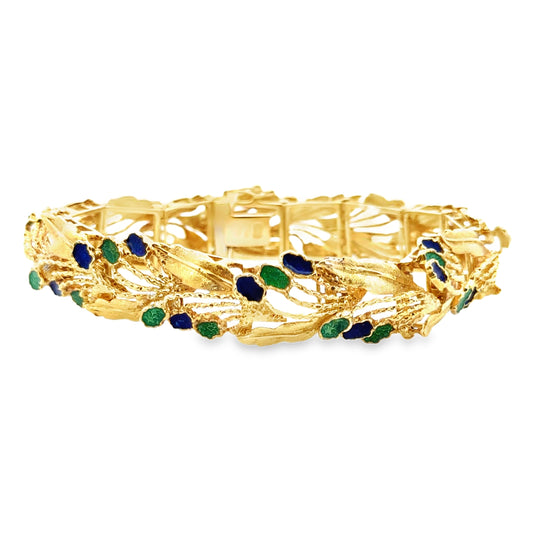 1950s 18K Yellow Gold Blue & Green Enamel Floral Bracelet