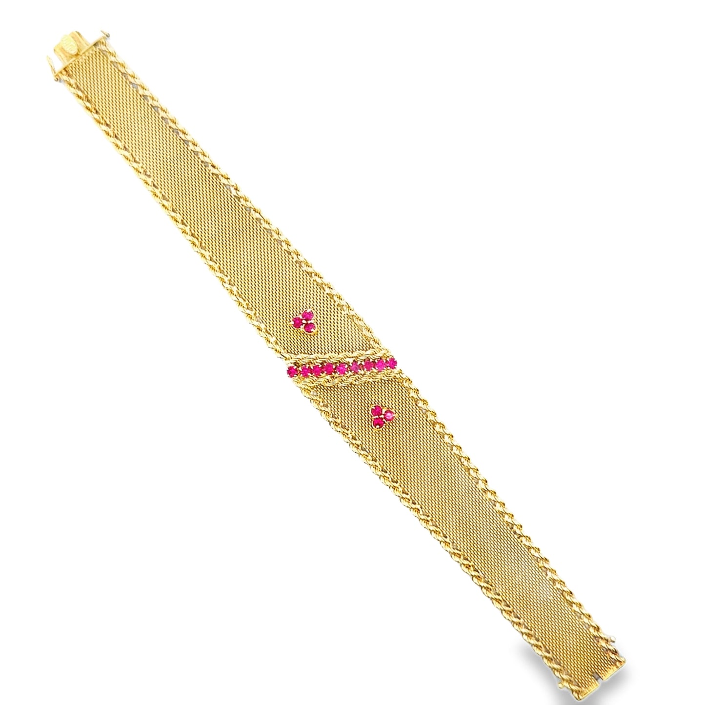Vintage 18K Yellow Gold Ruby Mesh Bracelet with Rope Edges