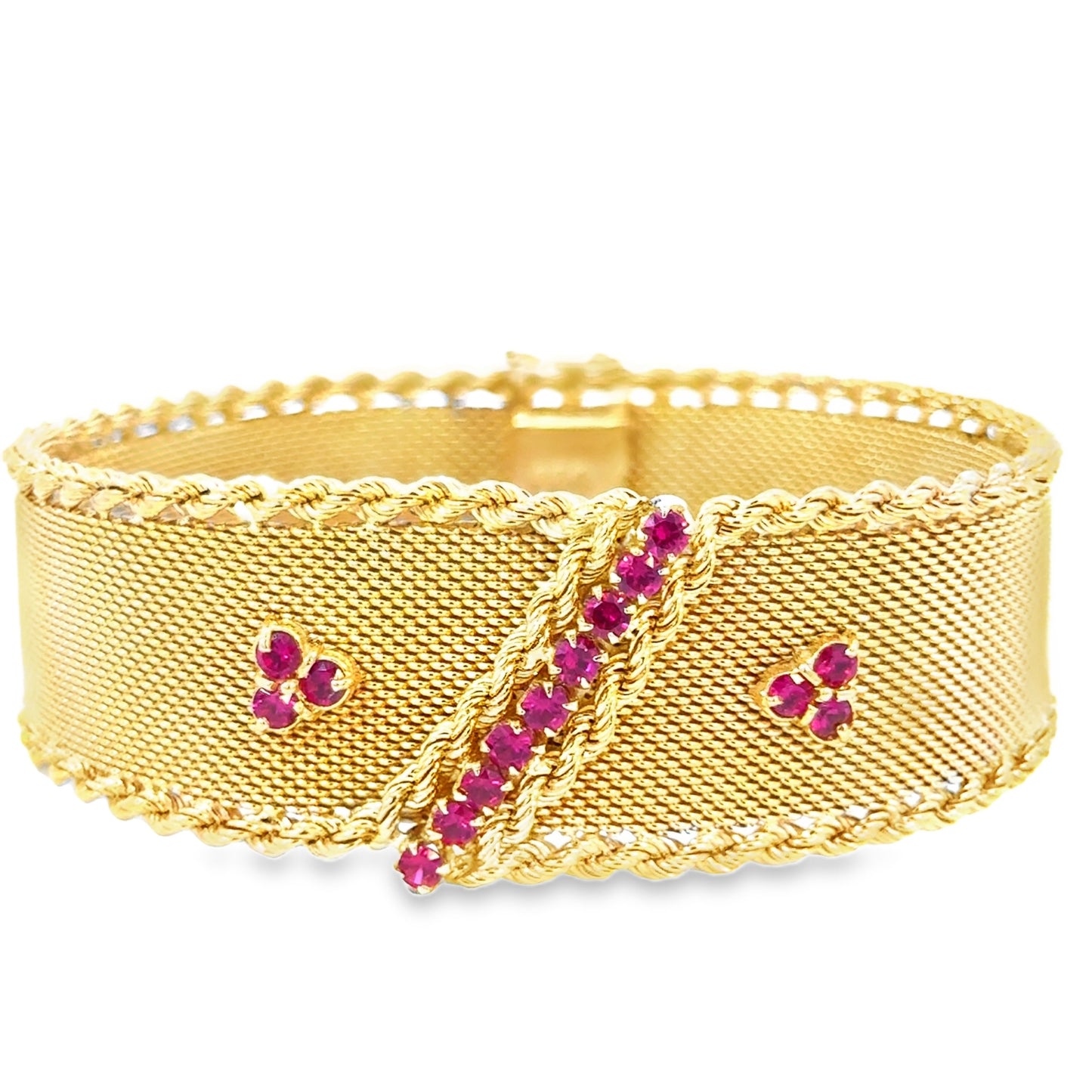 Vintage 18K Yellow Gold Ruby Mesh Bracelet with Rope Edges