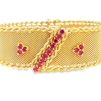 Vintage 18K Yellow Gold Ruby Mesh Bracelet with Rope Edges