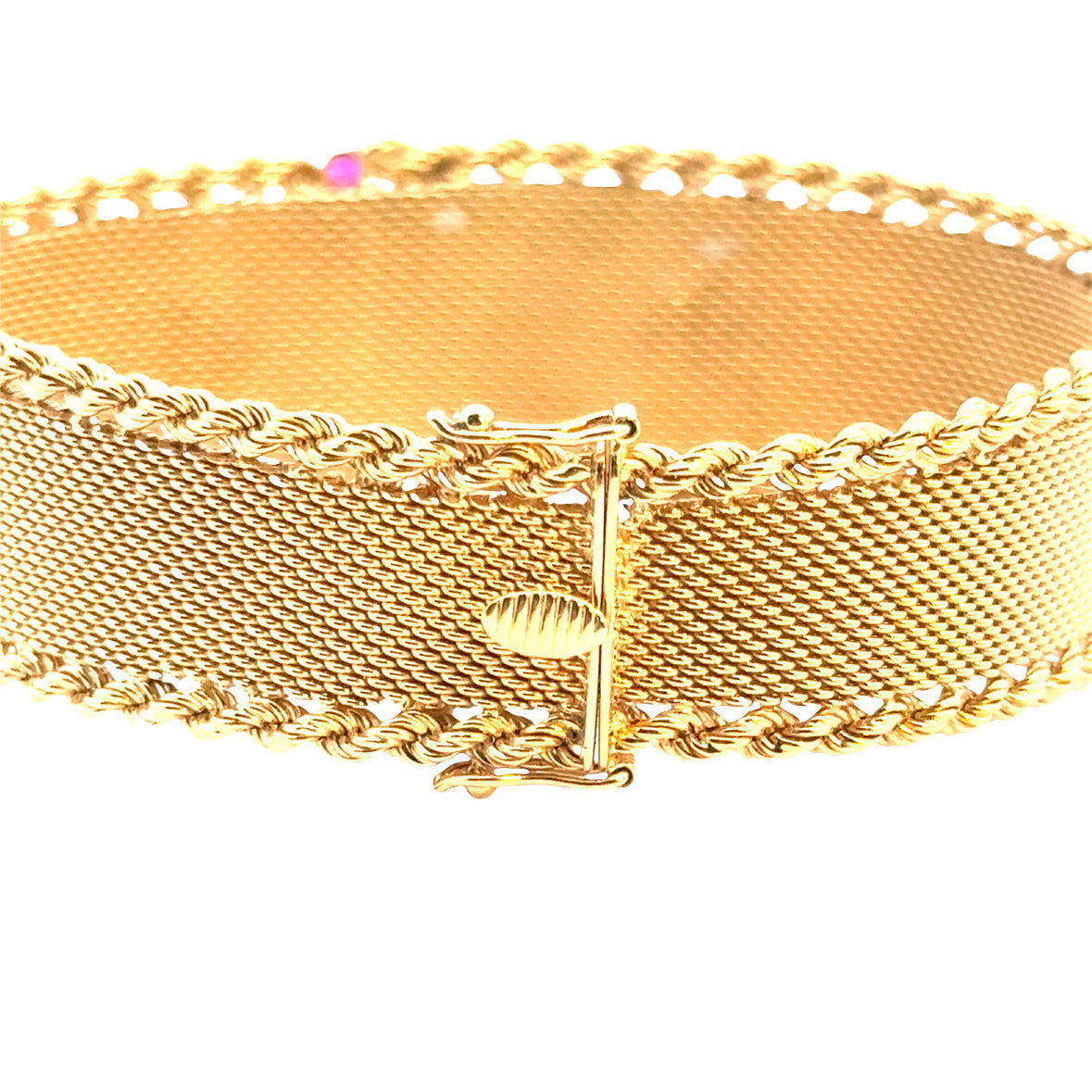Vintage 18K Yellow Gold Ruby Mesh Bracelet with Rope Edges