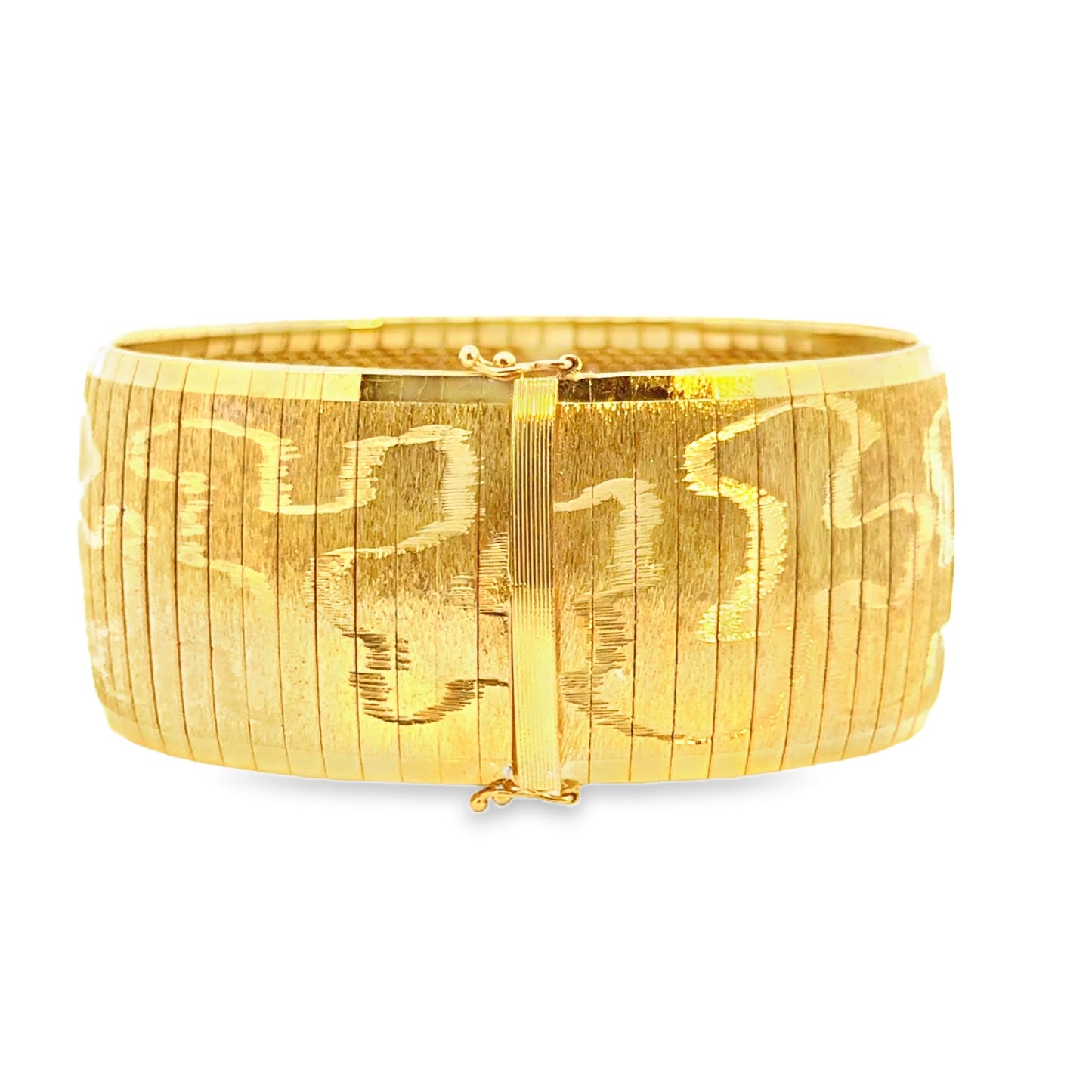 Wide 18K Yellow Gold Bracelet with Engraved Scroll Design