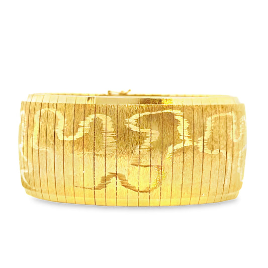 Wide 18K Yellow Gold Bracelet with Engraved Scroll Design