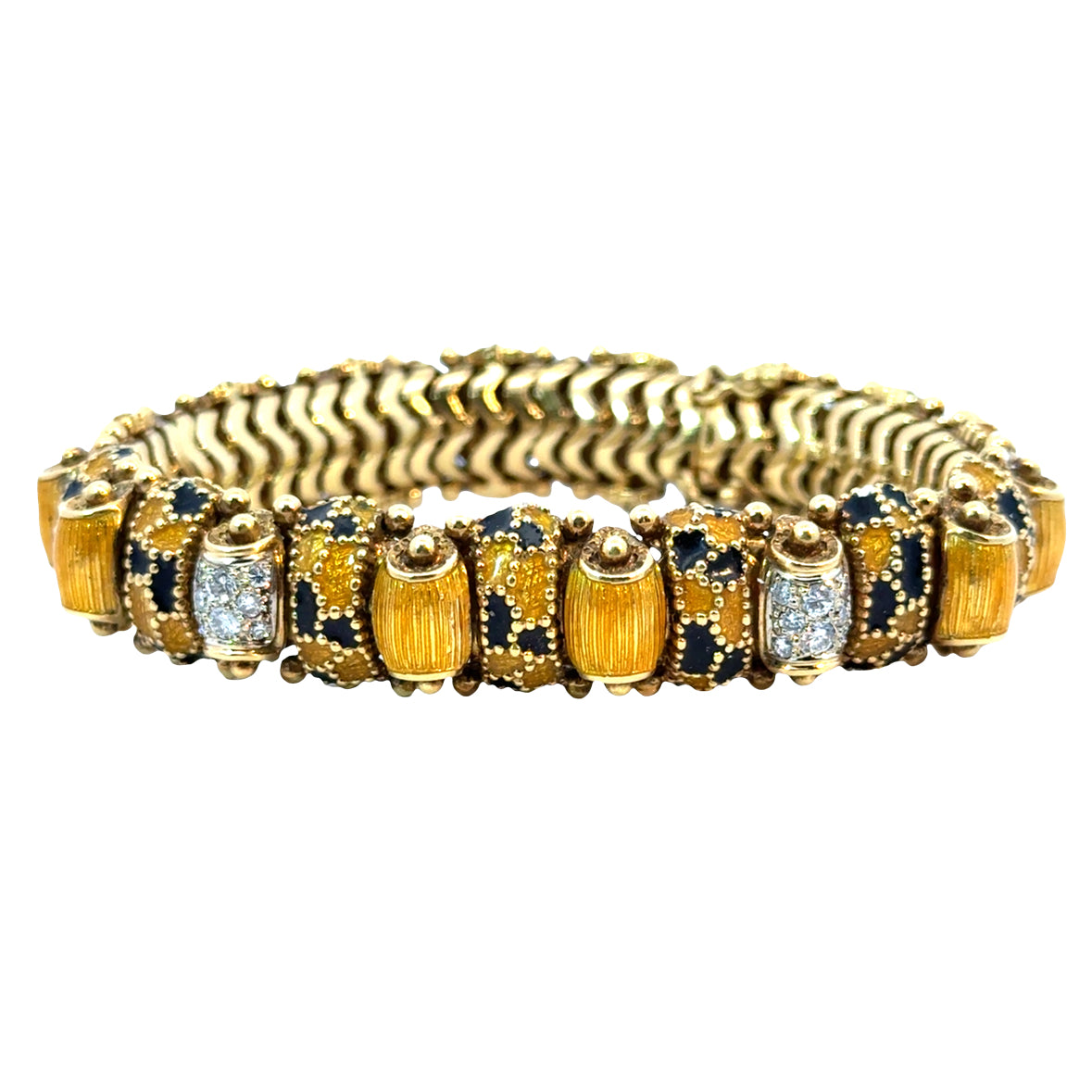 Mid-Century 18K Gold Blue & Yellow Enamel Bracelet with Diamond Clusters
