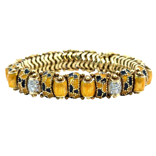 Mid-Century 18K Gold Blue & Yellow Enamel Bracelet with Diamond Clusters