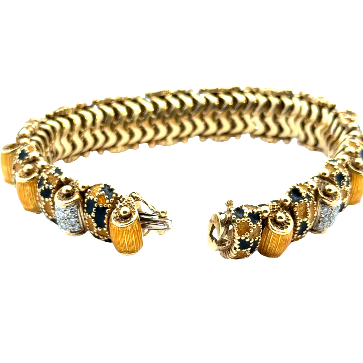 Mid-Century 18K Gold Blue & Yellow Enamel Bracelet with Diamond Clusters