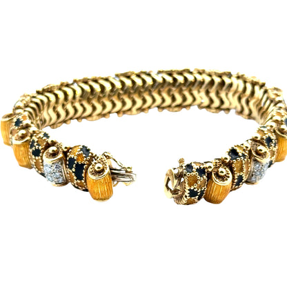 Mid-Century 18K Gold Blue & Yellow Enamel Bracelet with Diamond Clusters