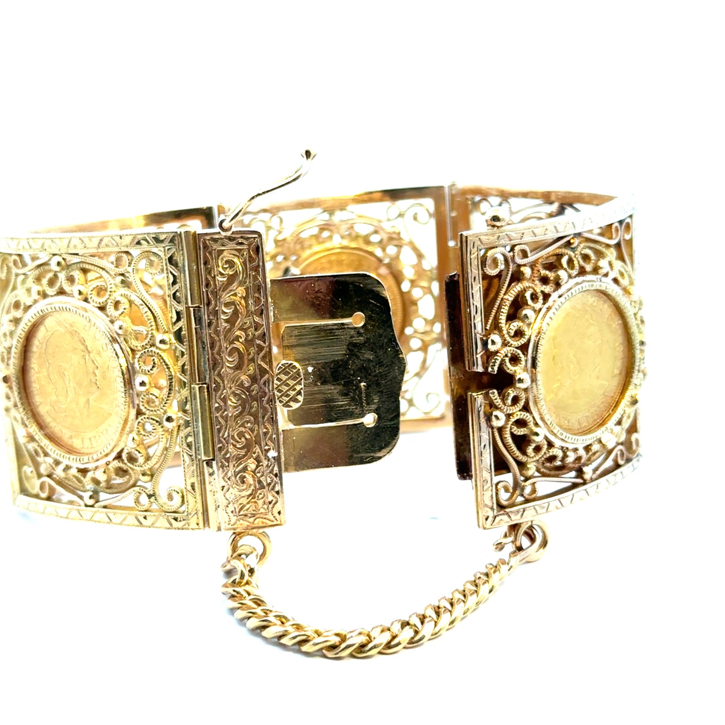 Antique 18K/21K Gold Filigree Coin Bracelet with Peruvian Coins