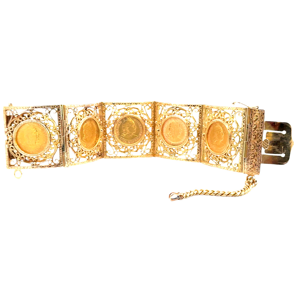 Antique 18K/21K Gold Filigree Coin Bracelet with Peruvian Coins
