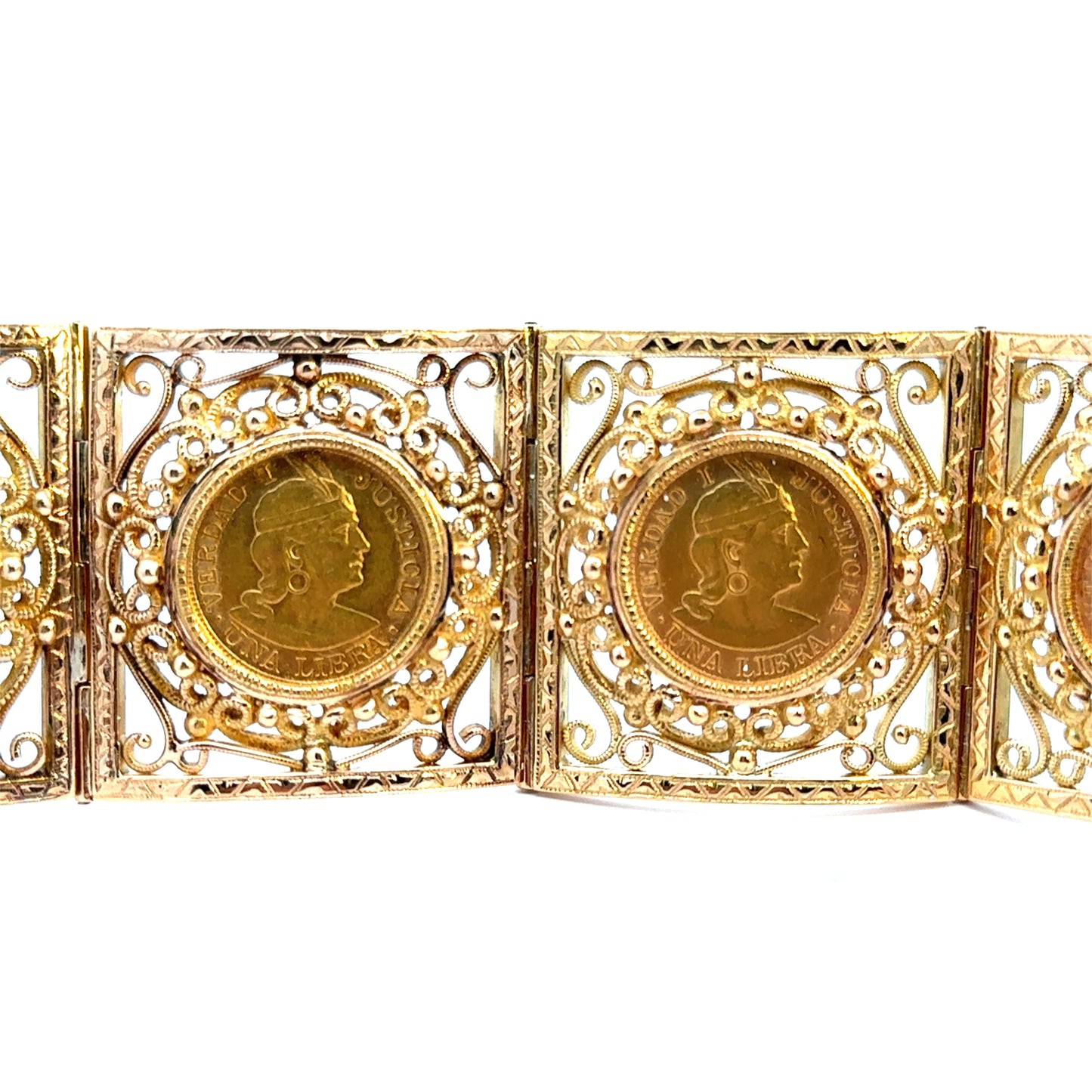 Antique 18K/21K Gold Filigree Coin Bracelet with Peruvian Coins