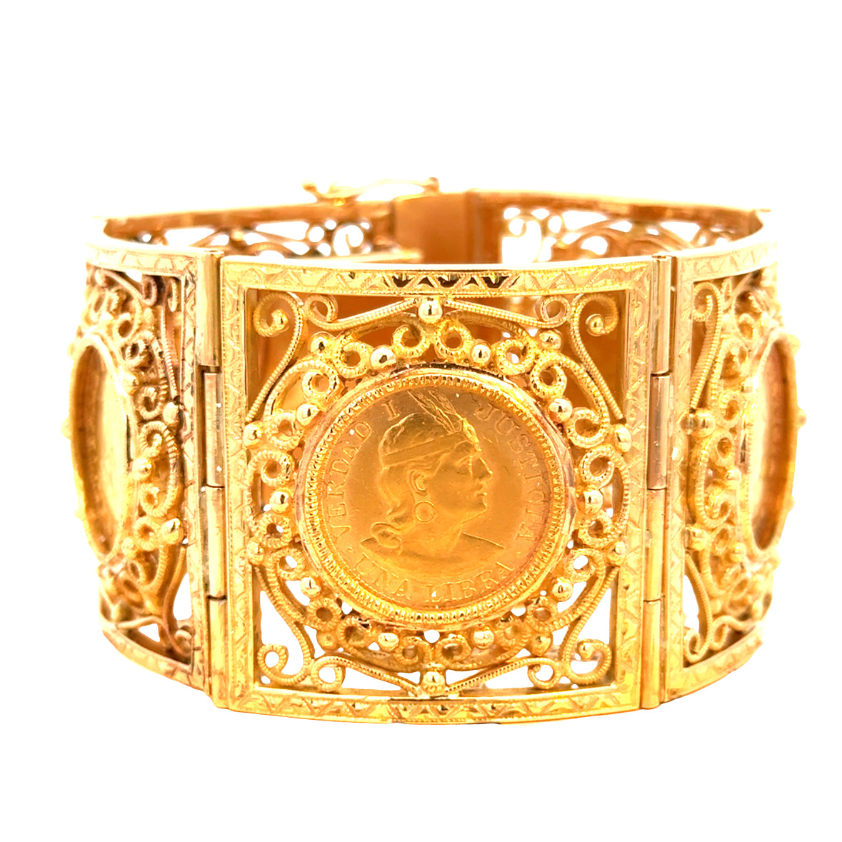 Antique 18K/21K Gold Filigree Coin Bracelet with Peruvian Coins