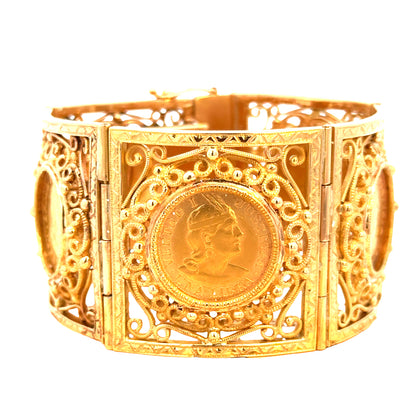 Antique 18K/21K Gold Filigree Coin Bracelet with Peruvian Coins