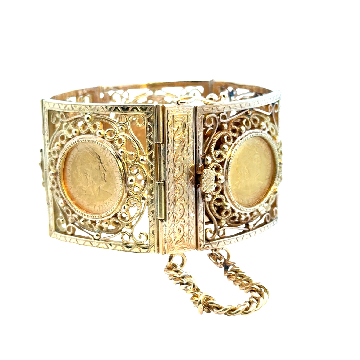 Antique 18K/21K Gold Filigree Coin Bracelet with Peruvian Coins