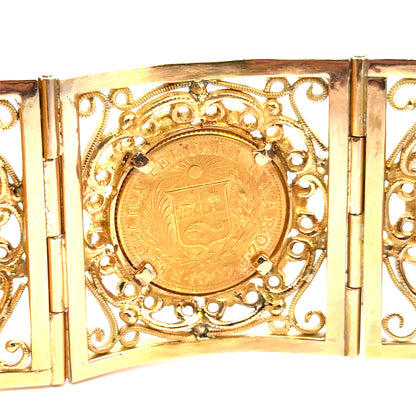 Antique 18K/21K Gold Filigree Coin Bracelet with Peruvian Coins