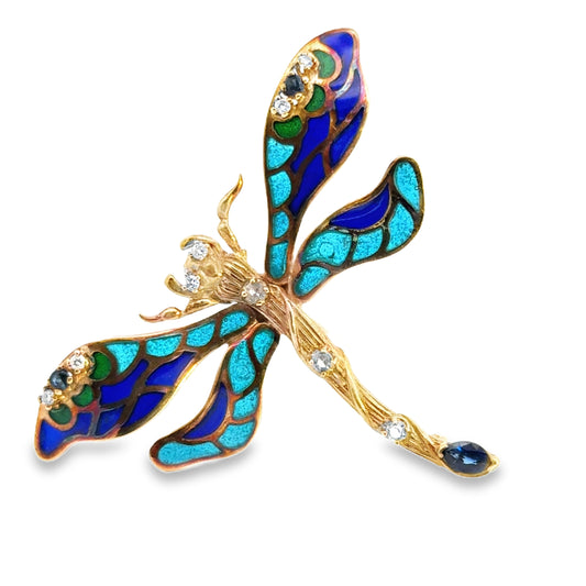 14K Yellow Gold Enamel & Diamond Jeweled Dragonfly Brooch