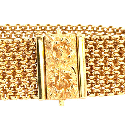 14K Yellow Gold Italian Mesh Bracelet with Carved Rose Clasp
