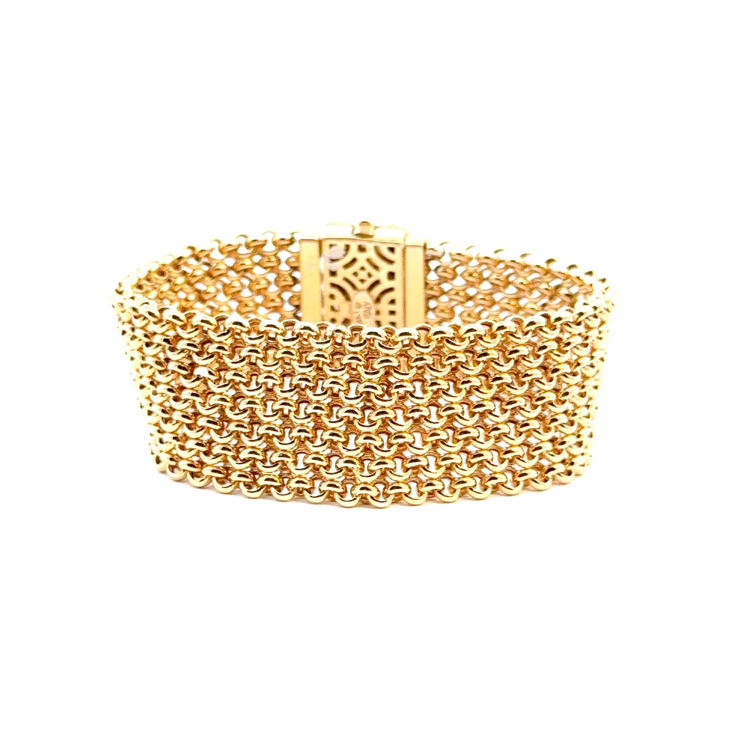 14K Yellow Gold Italian Mesh Bracelet with Carved Rose Clasp