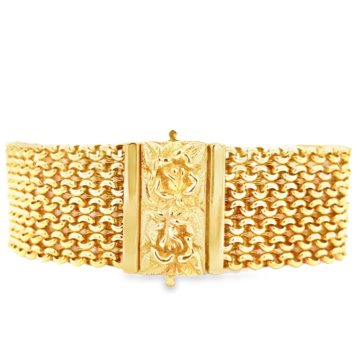14K Yellow Gold Italian Mesh Bracelet with Carved Rose Clasp
