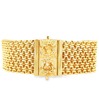 14K Yellow Gold Italian Mesh Bracelet with Carved Rose Clasp