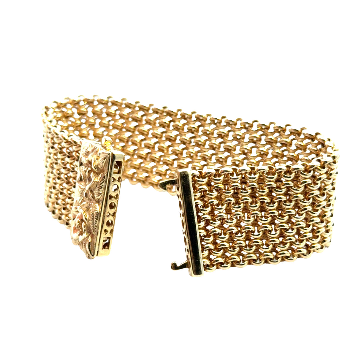 14K Yellow Gold Italian Mesh Bracelet with Carved Rose Clasp