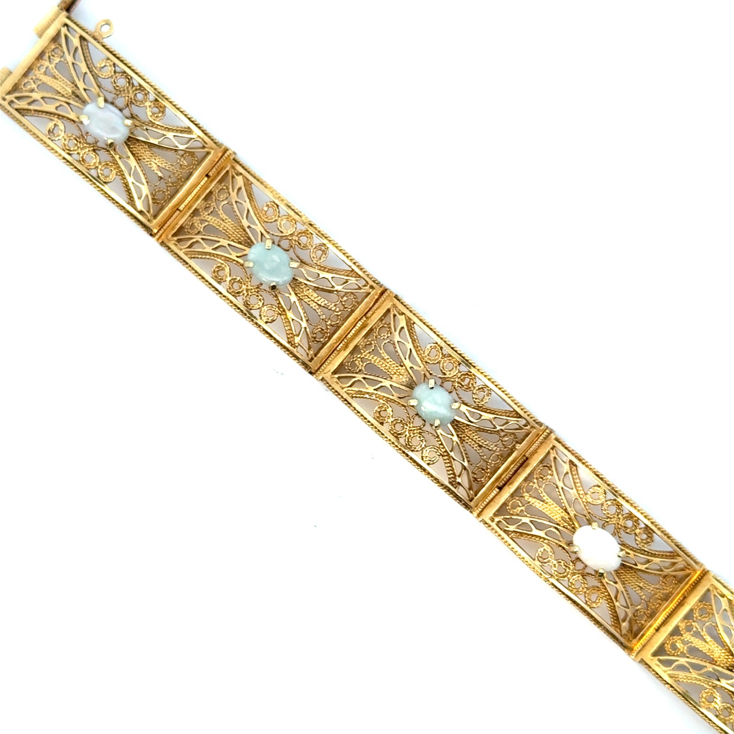 1960’s 14K Yellow Gold Filigree Opal Panel Bracelet