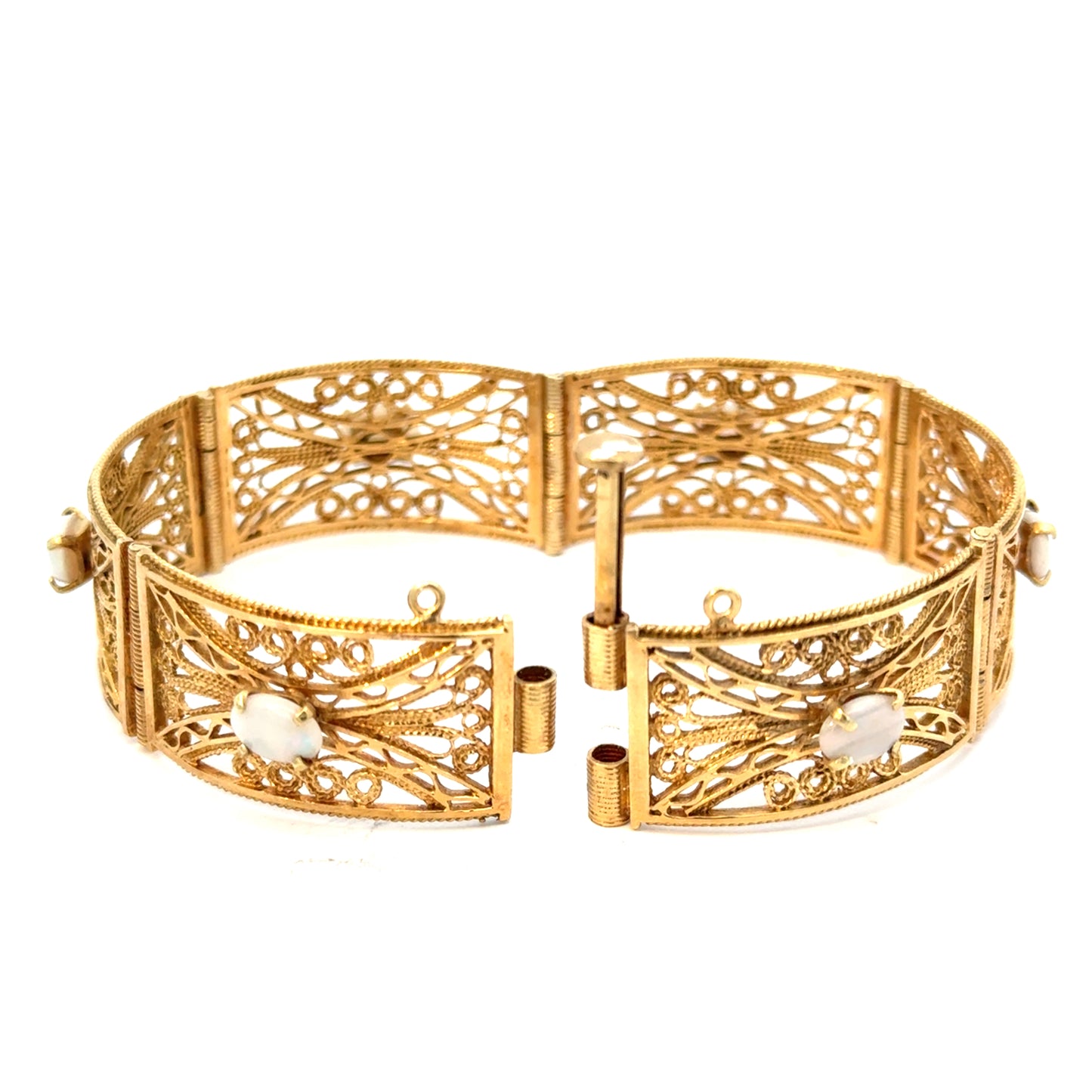 1960’s 14K Yellow Gold Filigree Opal Panel Bracelet