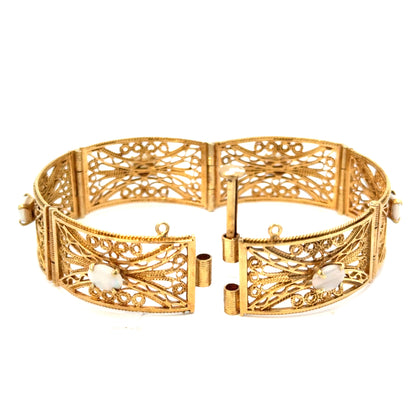1960’s 14K Yellow Gold Filigree Opal Panel Bracelet
