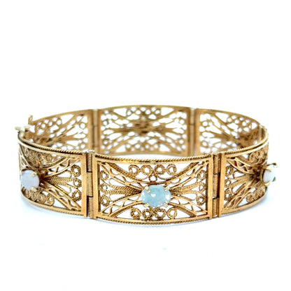 1960’s 14K Yellow Gold Filigree Opal Panel Bracelet