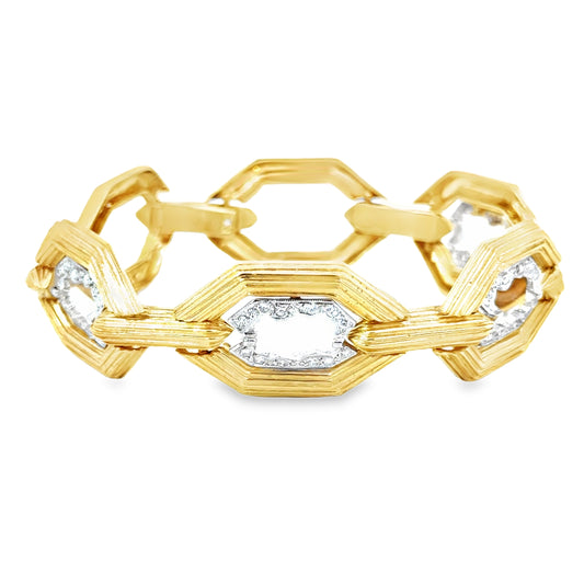 18K Yellow Gold Geometric Link Bracelet with Diamond Accents