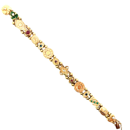 Vintage 14K Yellow Gold Multi-Charm Bracelet with Gemstones & Enamel