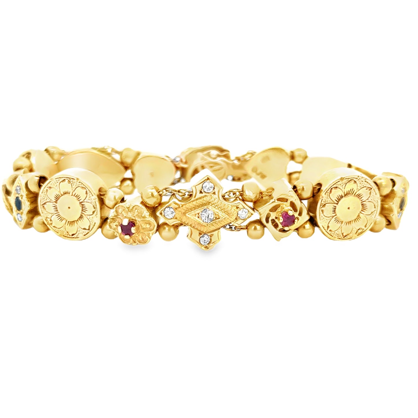 Vintage 14K Yellow Gold Multi-Charm Bracelet with Gemstones & Enamel