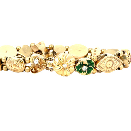 Vintage 14K Yellow Gold Multi-Charm Bracelet with Gemstones & Enamel