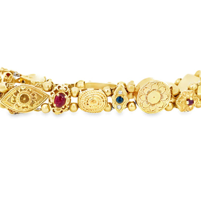 Vintage 14K Yellow Gold Multi-Charm Bracelet with Gemstones & Enamel