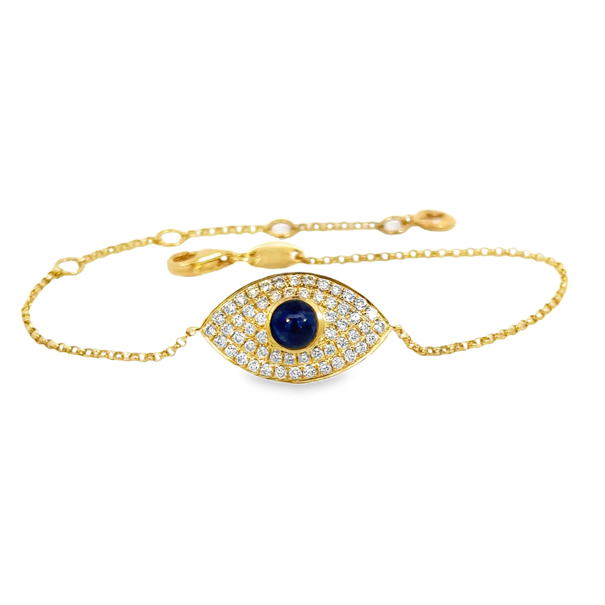 18K Yellow Gold Evil Eye Bracelet, Diamonds & Sapphire, Adjustable