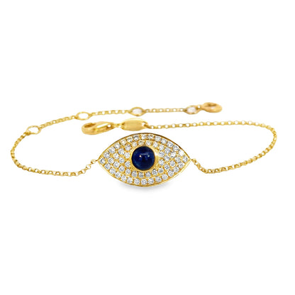 18K Yellow Gold Evil Eye Bracelet, Diamonds & Sapphire, Adjustable