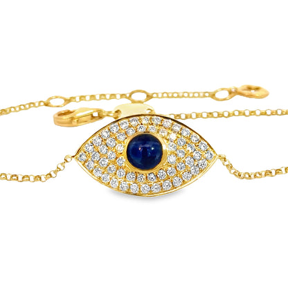 18K Yellow Gold Evil Eye Bracelet, Diamonds & Sapphire, Adjustable