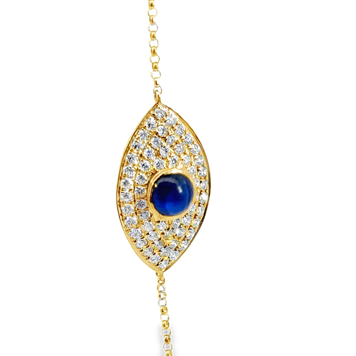 18K Yellow Gold Evil Eye Bracelet, Diamonds & Sapphire, Adjustable