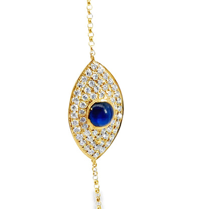 18K Yellow Gold Evil Eye Bracelet, Diamonds & Sapphire, Adjustable
