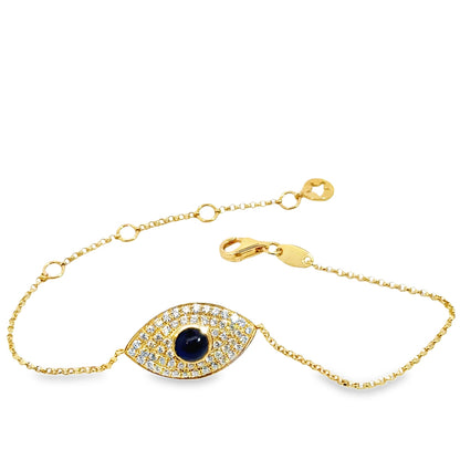18K Yellow Gold Evil Eye Bracelet, Diamonds & Sapphire, Adjustable