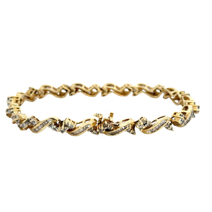 14K Gold Round & Baguette Diamond Bracelet