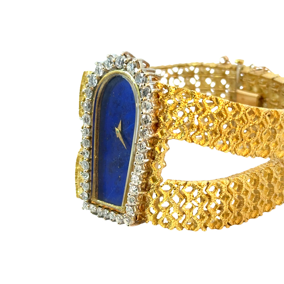 Luxury 18K Gold Bracelet Watch with Lapis Dial & Diamonds - Couture Estate Statement