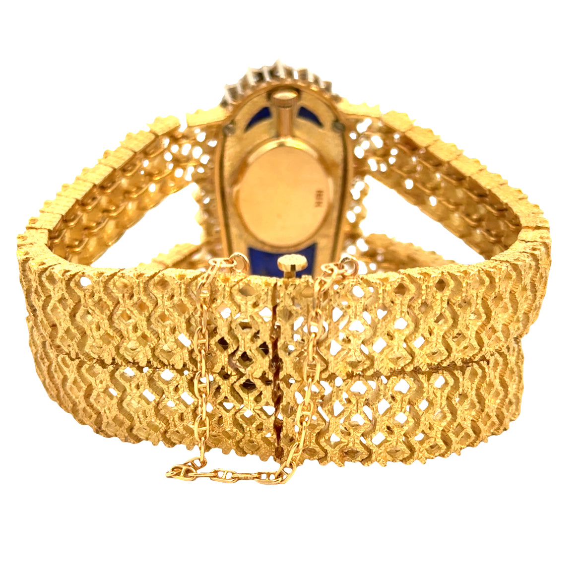 Luxury 18K Gold Bracelet Watch with Lapis Dial & Diamonds - Couture Estate Statement