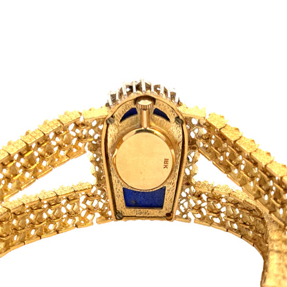 Luxury 18K Gold Bracelet Watch with Lapis Dial & Diamonds - Couture Estate Statement