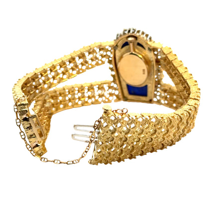 Luxury 18K Gold Bracelet Watch with Lapis Dial & Diamonds - Couture Estate Statement