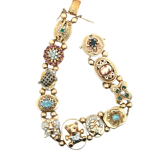 Eclectic Vintage 14K Yellow Gold Pearl & Gemstone Charm Bracelet